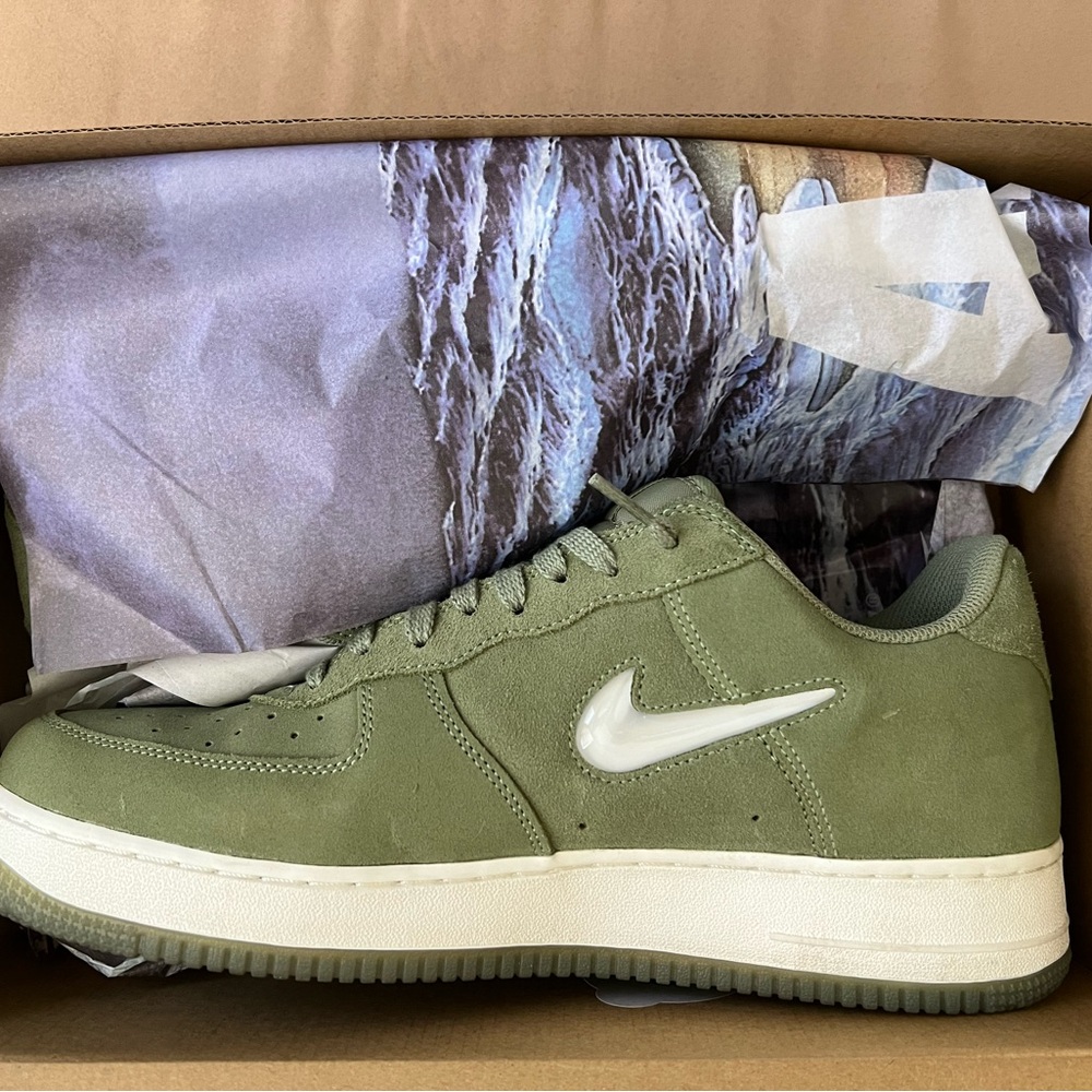 Green Nike Air Force ones suede